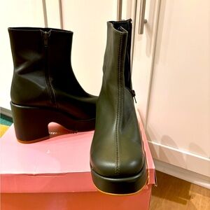 INTENTIONALLY BLANK Olive Green Platform Ankle Boots with Black Sole